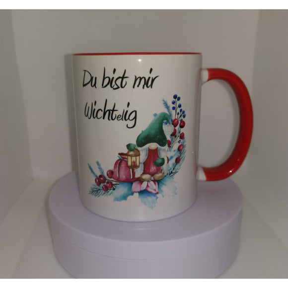 Twotone Tasse rot weiß mit Wichtelmotiv und Text Du bist mir wichtelig