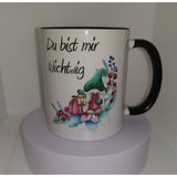 Twotone Tasse schwarz weiß mit Wichtelmotiv und Text Du bist mir wichtelig