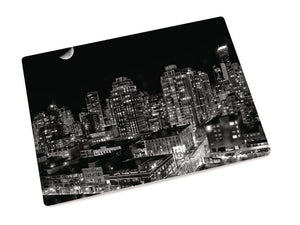 Sehr schönses Glas-Schneidebrett mit Skyline Motiven in der Nacht in Schwarz Weiß - 200x285mm