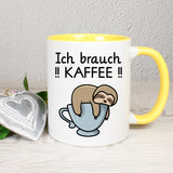 Tasse Faultier Spruch Ich brauch Kaffee Weiß-Gelb